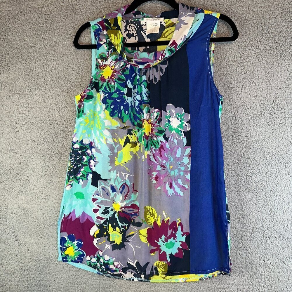 NaraCamicie Top Women's Small Blue Vintage Gardenia Floral Boho Cowl Neck Blouse